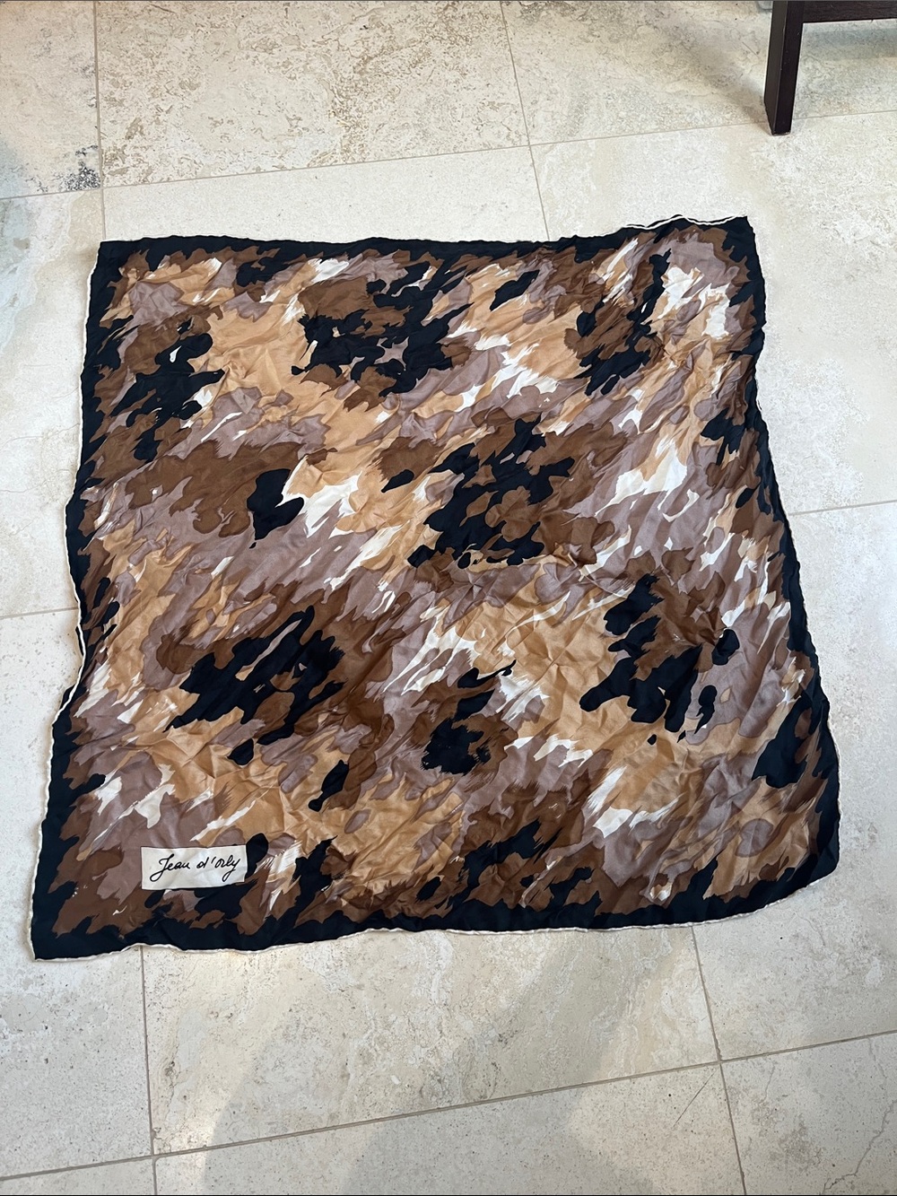 Vintage 70’s Jean d’Orly Brown & Black Abstract Print Silk Scarf